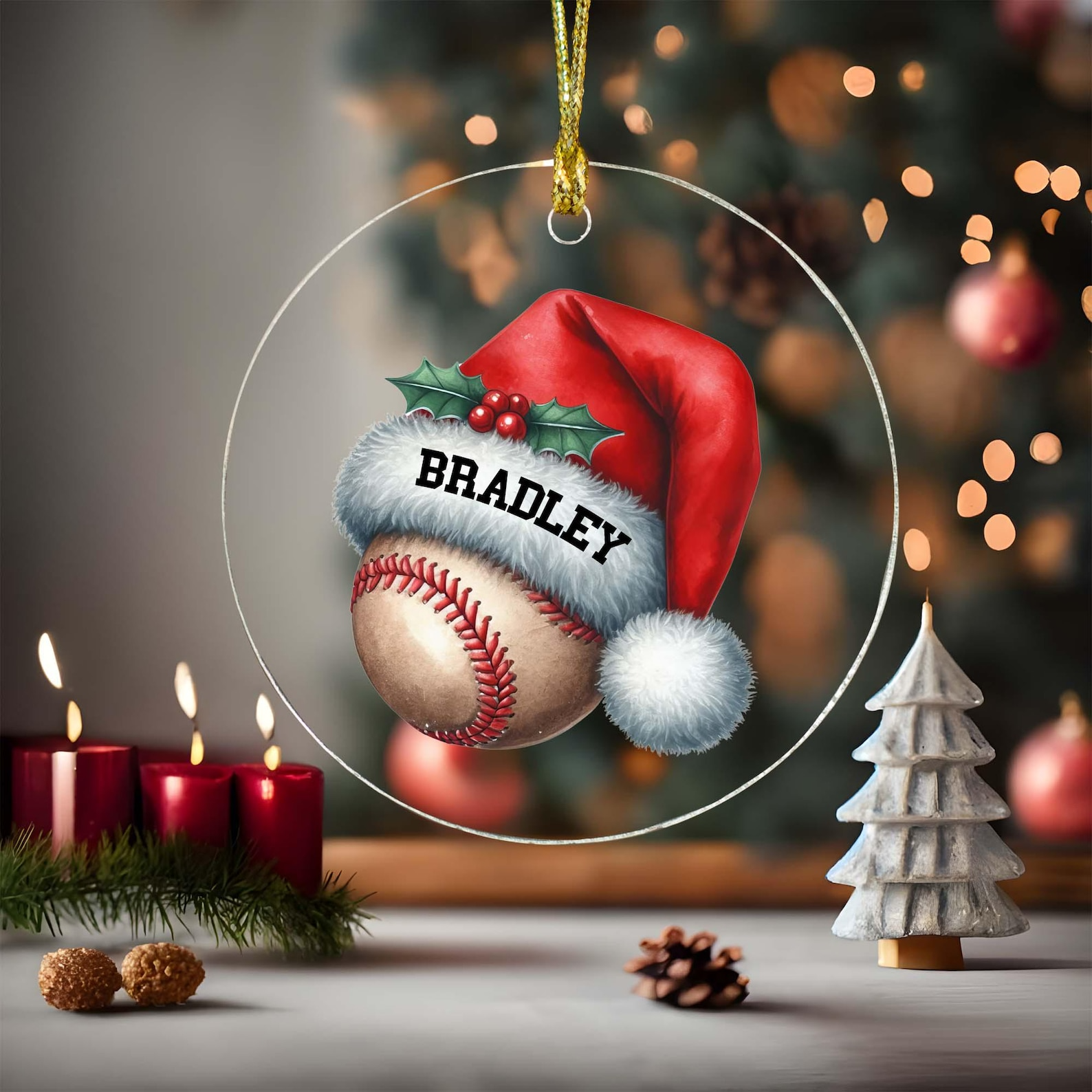 Personalized Baseball and Santa Hat Any Name Xmas Keepsake Festive Holiday Christmas Tree Hanging Decoration Gift Acrylic Ornament - OR24 5