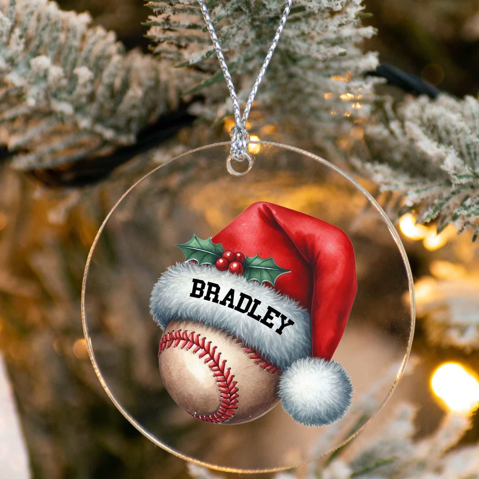 Personalized Baseball and Santa Hat Any Name Xmas Keepsake Festive Holiday Christmas Tree Hanging Decoration Gift Acrylic Ornament - OR24