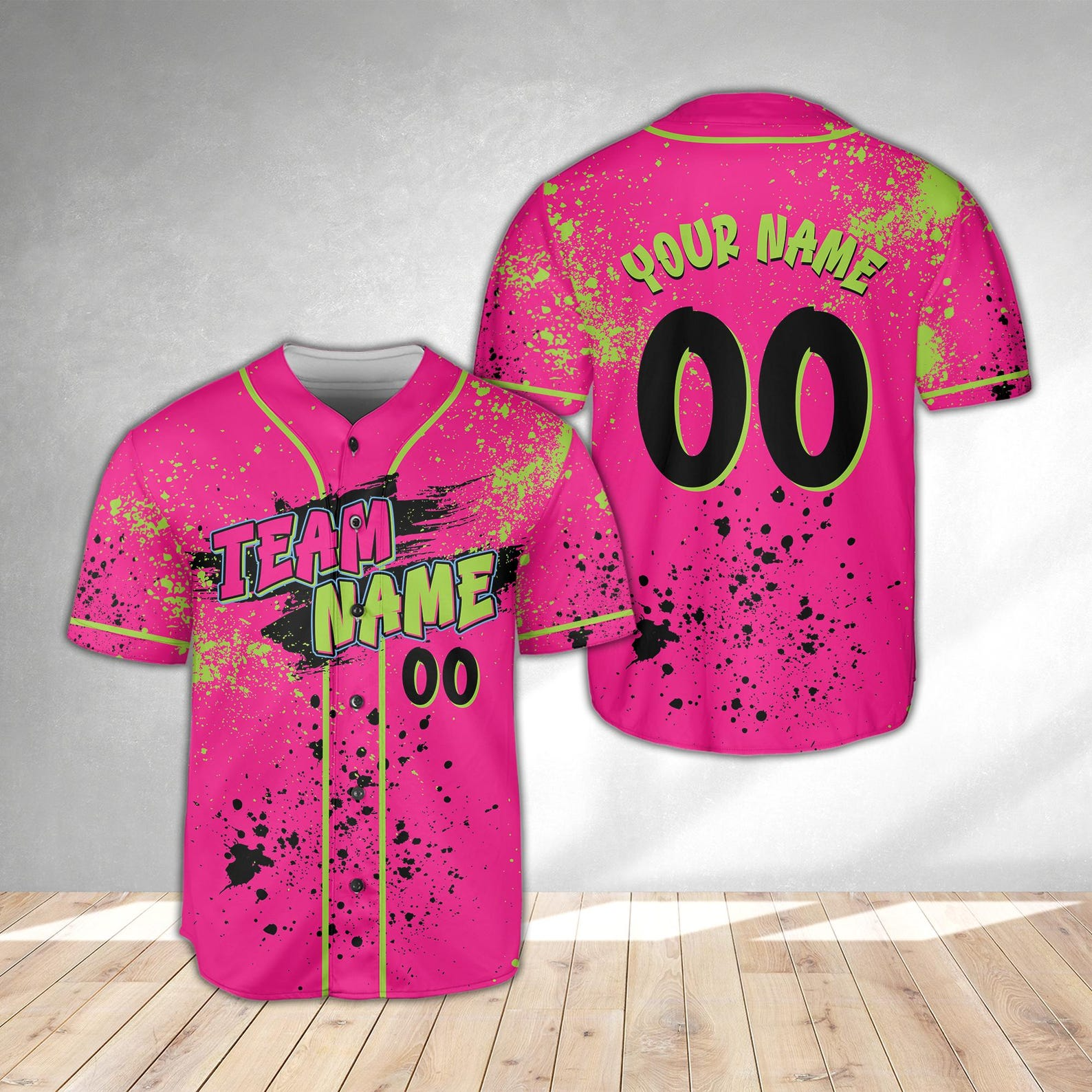 Animals Baseball Jersey, Monkey Team Custom Name and Number, Pink Black Paint Splatter, Team Party Uniform Jersey