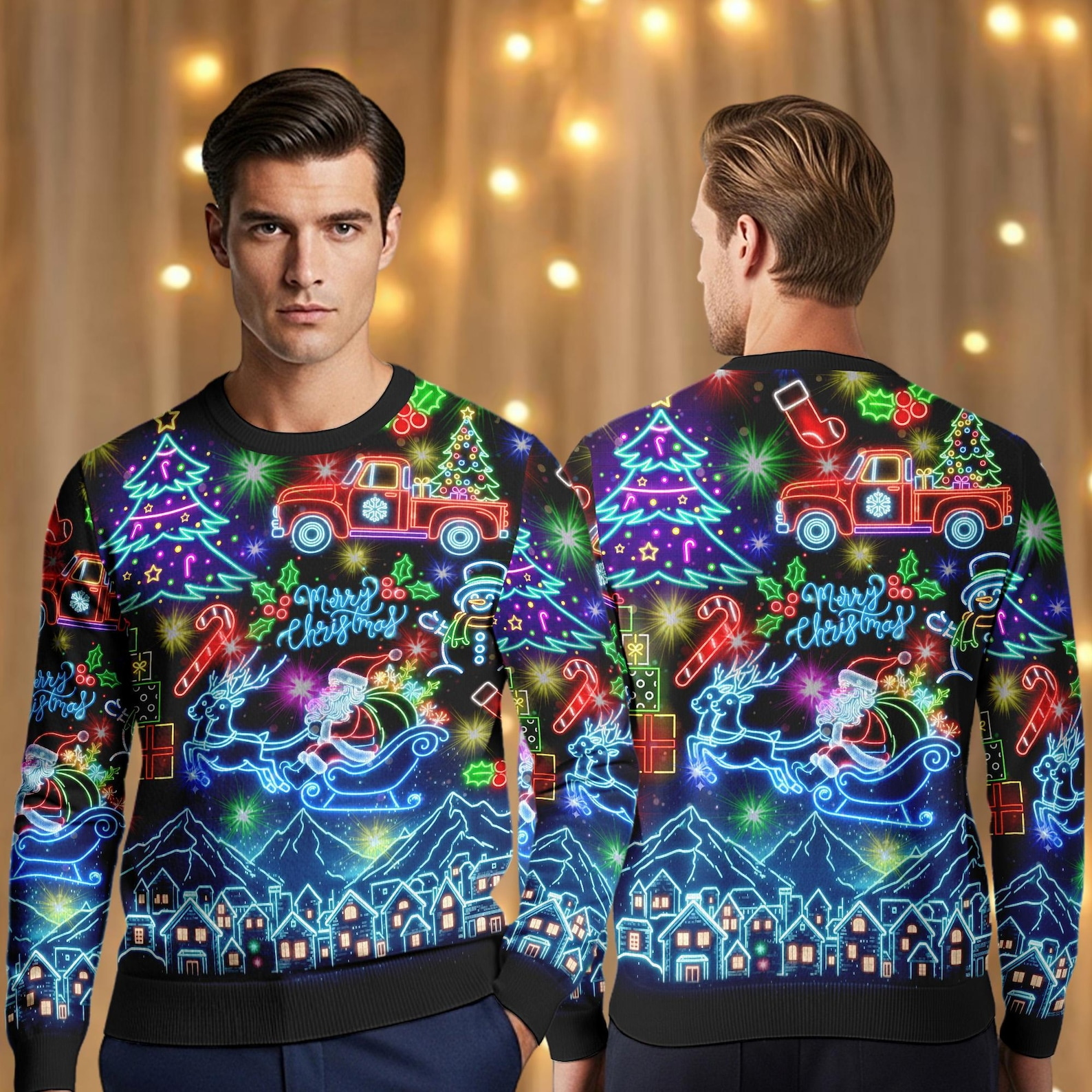 Christmas Bright Neon Lighting Santa Claus Neon Lighting Christmas Men Women Kid Bright Neon Christmas Gift Sweater - SW21