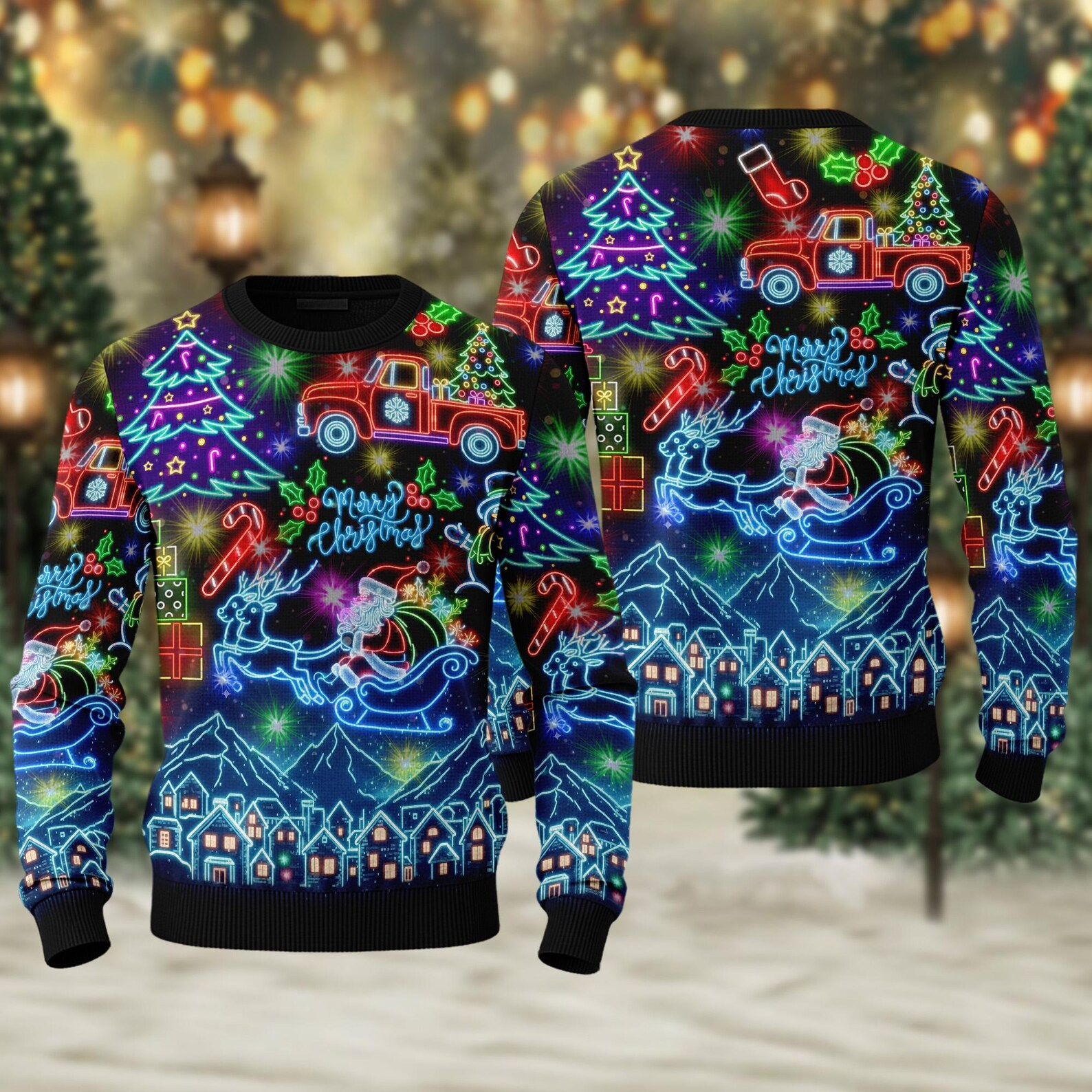 Christmas Bright Neon Lighting Santa Claus Neon Lighting Christmas Men Women Kid Bright Neon Christmas Gift Sweater - SW21