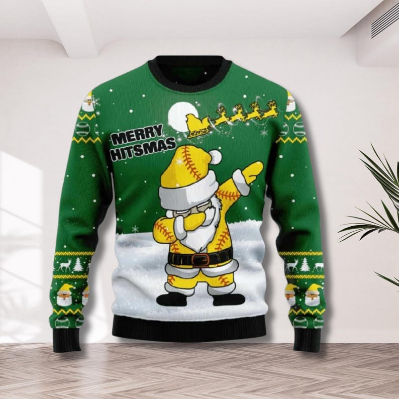 Baseball Dabbing Santa Knit Green Snow Pattern Unisex Funny Holiday Party Jumper Gift for Fans Christmas Sweater - SW19