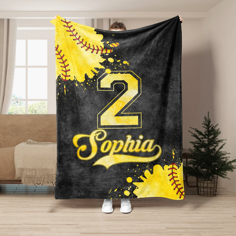 Personalized Softball Blanket, Watercolor Ball Fleece Blanket Throw, Custom Gift for Mom, Wife, Girlfriend, Daughter, Kid Blanket 4