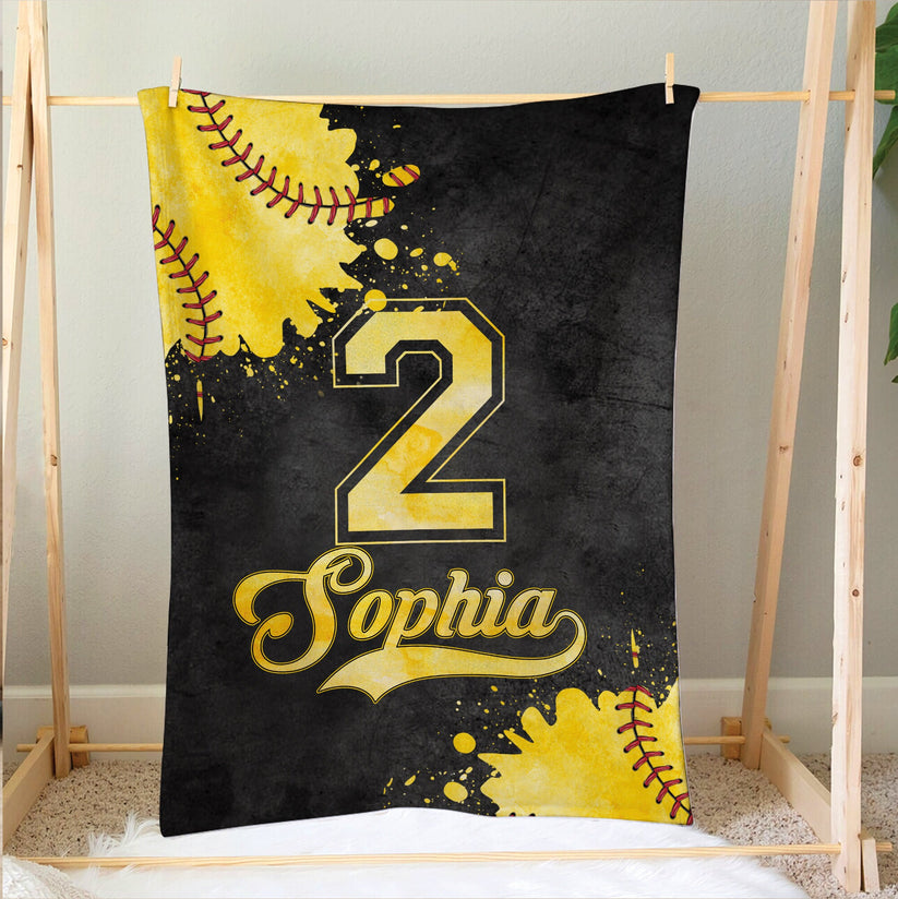 Personalized Softball Blanket, Watercolor Ball Fleece Blanket Throw, Custom Gift for Mom, Wife, Girlfriend, Daughter, Kid Blanket 3