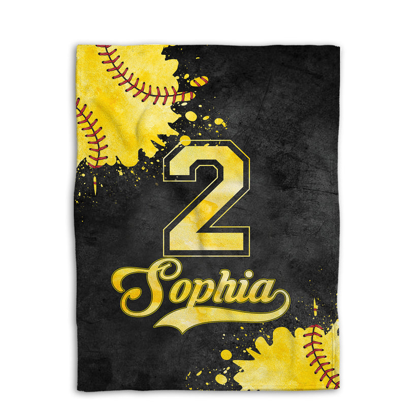 Personalized Softball Blanket, Watercolor Ball Fleece Blanket Throw, Custom Gift for Mom, Wife, Girlfriend, Daughter, Kid Blanket