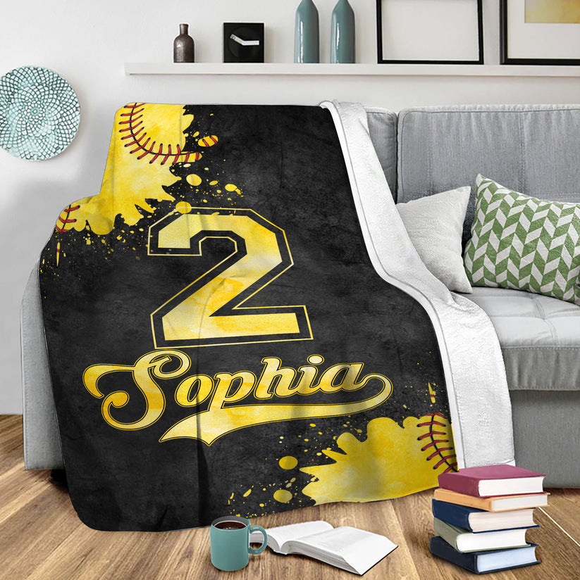 Personalized Softball Blanket, Watercolor Ball Fleece Blanket Throw, Custom Gift for Mom, Wife, Girlfriend, Daughter, Kid Blanket
