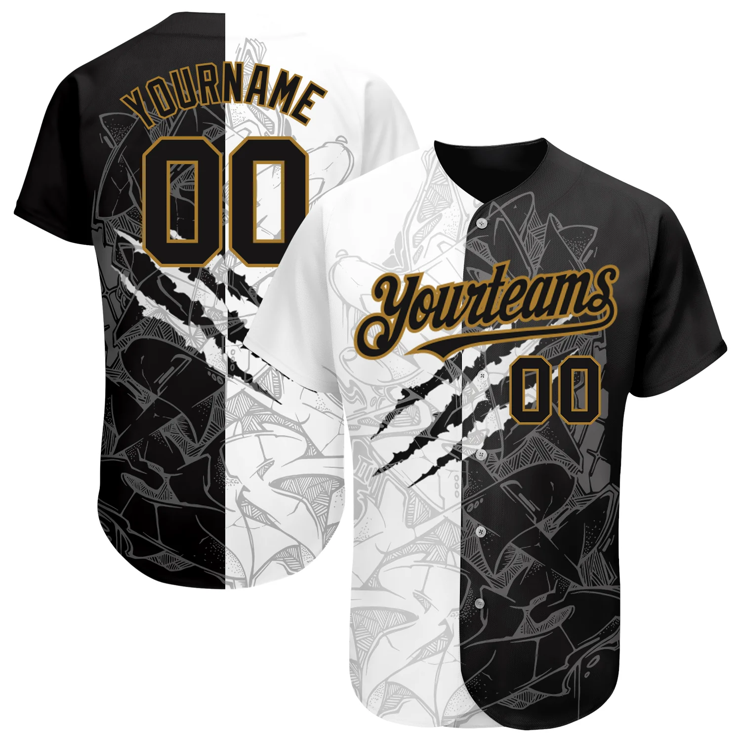 Custom Graffiti Pattern Black Old Gold 3D Two Button Unisex Softball Jersey
