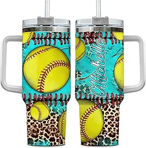 Personalized Gifts for Softball Lovers, Stainless Steel Travel Cup with Handle and Straw, Cute Sport Gift for Women Girls Coaches on Birthday or Christmas, Tumbler 40oz