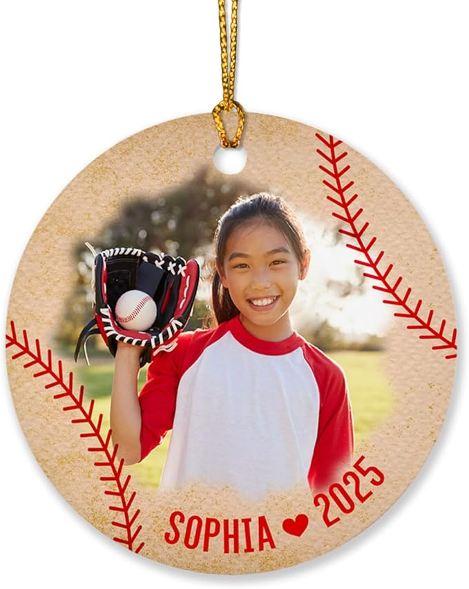 Personalized Picture Baseball Ornament Christmas 2025 Customized Name and Photo Gift for Baseball Lovers Sport Xmas Keepsake Player Ornament