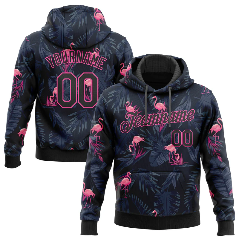 Custom Stitched Black Black-Pink Pattern Design Flamingo Sports Pullover Sweatshirt Hoodie 3D