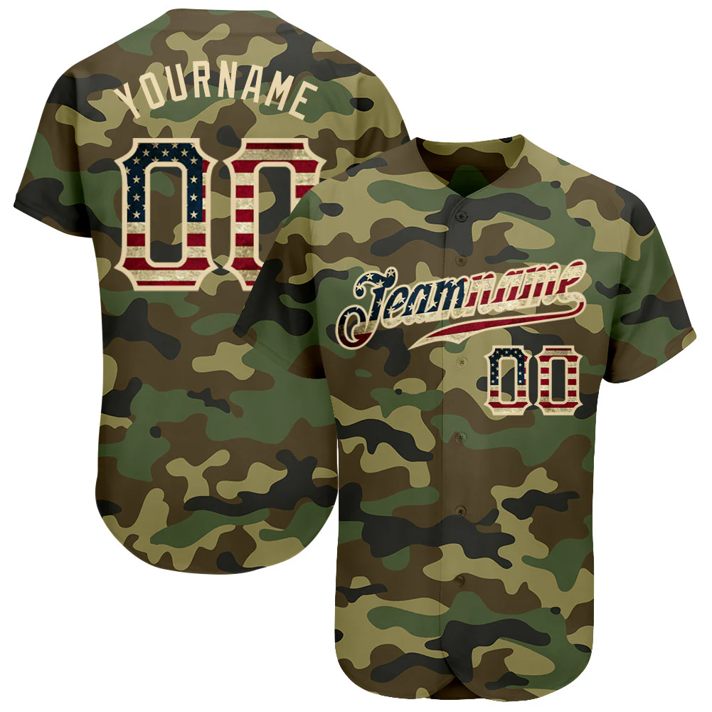Custom Camo Vintage Flag Cream Authentic Salute To Service Baseball Jersey