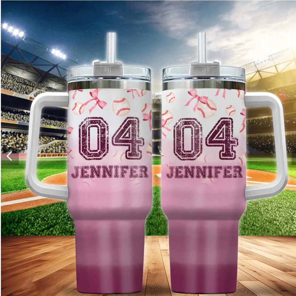 Baseball Coquette Ribbon Pink Gradient Personalized Baseball Cup with Handle, Tumbler 40z