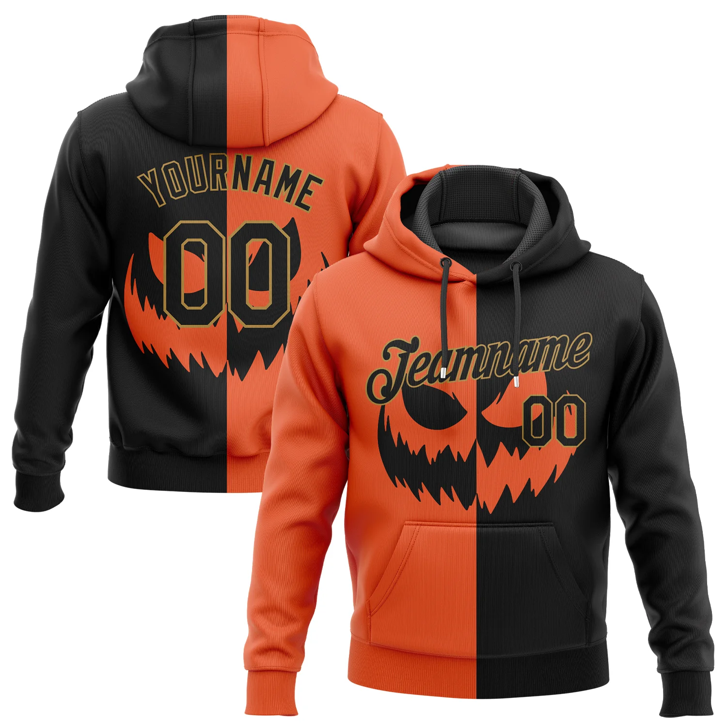 Custom Stitched Orange Black-Old Gold 3D Pattern Scary Faces Of Halloween Pumpkin Sports Pullover Sweatshirt Hoodie 3D - HD09