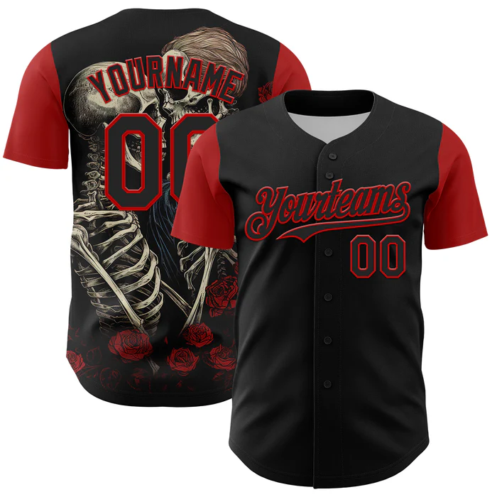 Custom Black Red 3D Pattern Design Rave Gothic Style Baseball Jersey