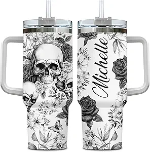 Personalized Skull Stainless Steel Travel Coffee Cup with Handle and Straw, Floral Skull Gift for Women and Skull Lovers, Insulated Coffee Mug Tumbler 40oz