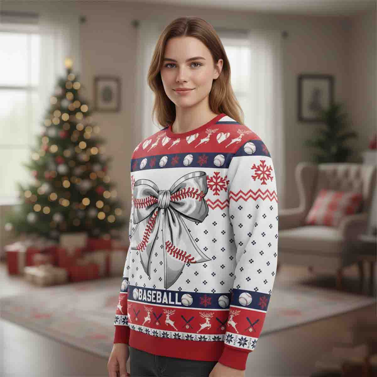 Baseball Christmas Bow Pattern Sweater - SW15 5