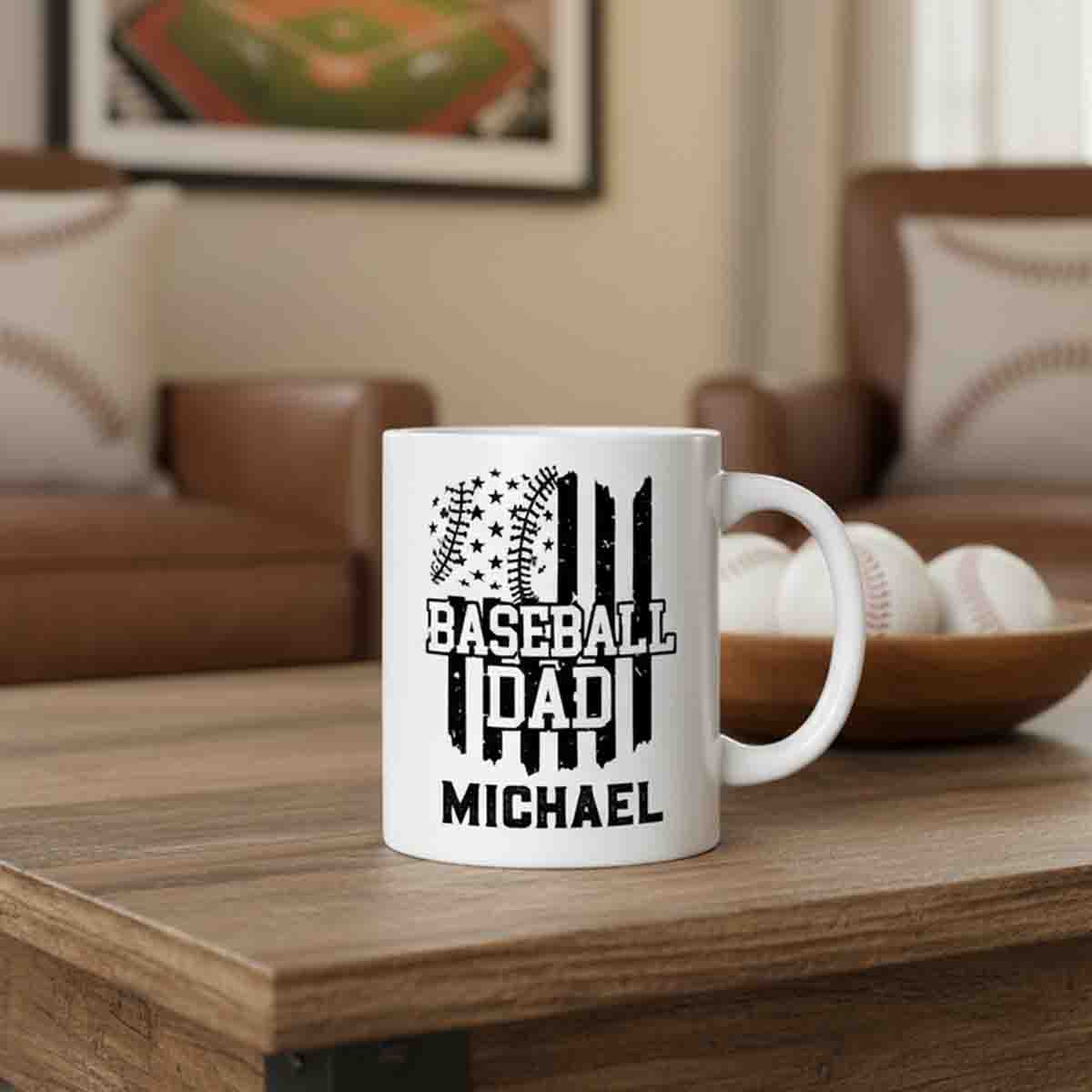 Baseball Dad Patriotic Sports Father Gift with Custom Name Ceramic Mug - MU12 3