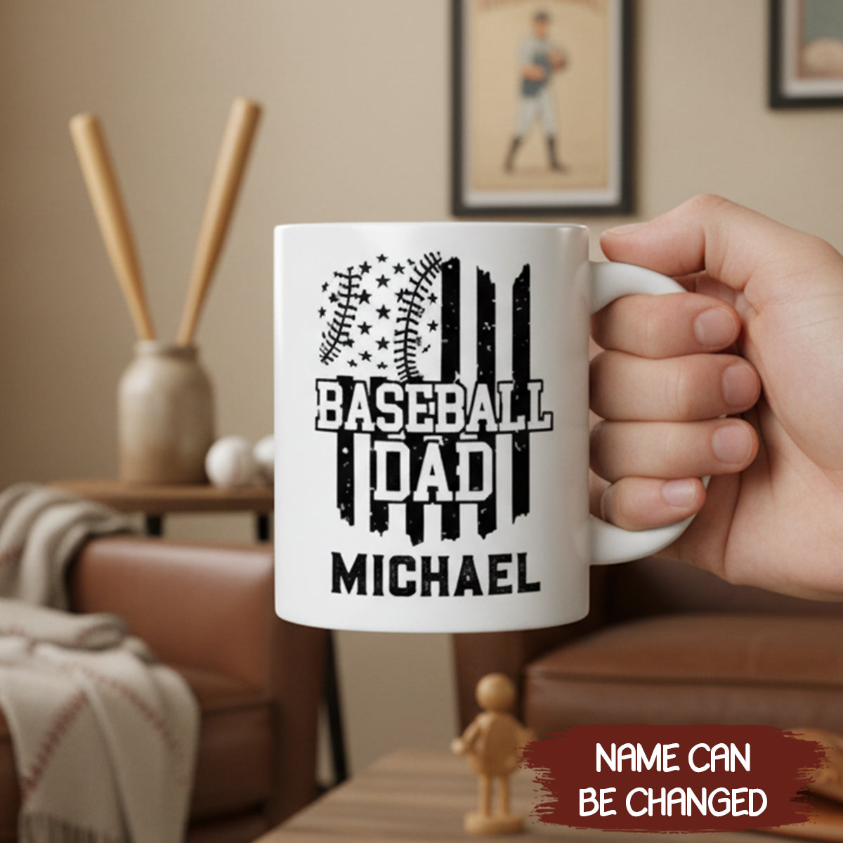 Baseball Dad Patriotic Sports Father Gift with Custom Name Ceramic Mug - MU12