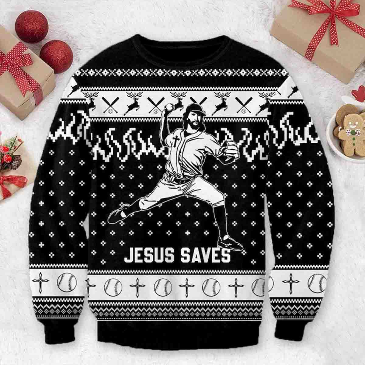 Jesus Saves Baseball Funny Sports Religious Holiday Game Day Gift Christmas Sweater - SW14 3