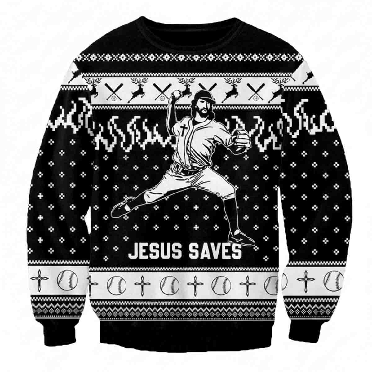 Jesus Saves Baseball Funny Sports Religious Holiday Game Day Gift Christmas Sweater - SW14