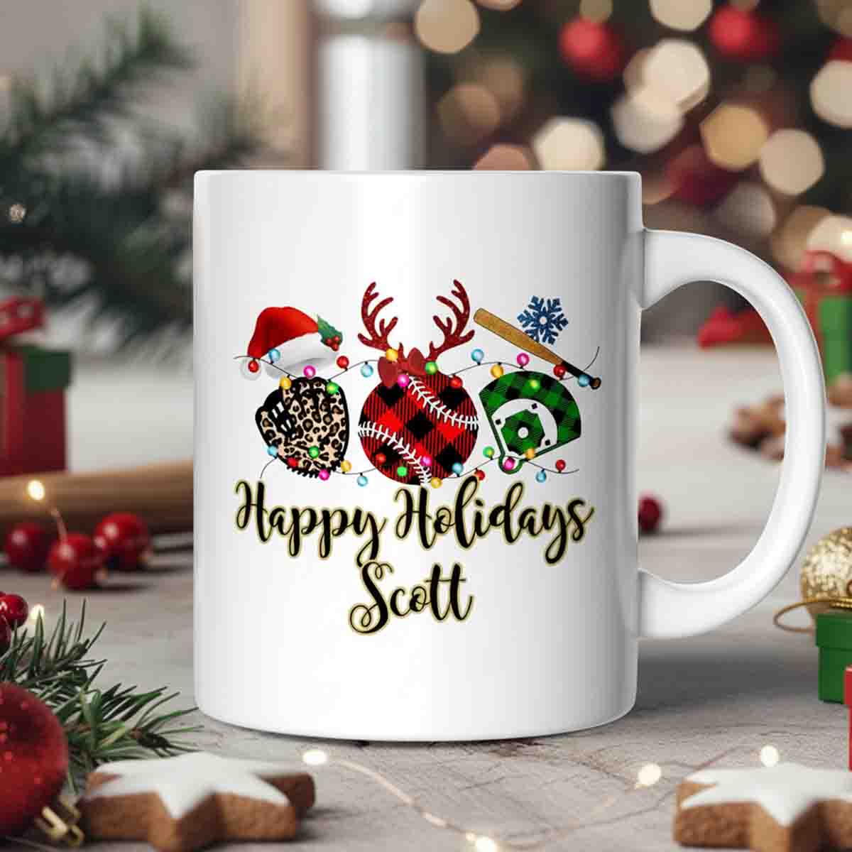 Personalized Baseball Happy Holidays Custom Name Coffee Mug - MU13
