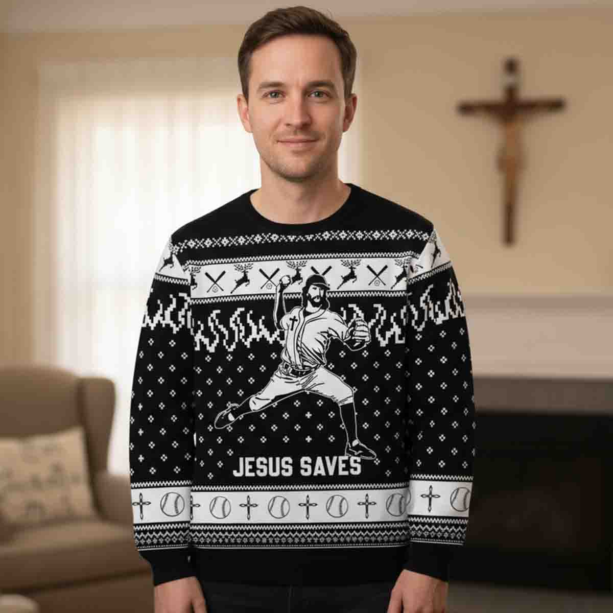 Jesus Saves Baseball Funny Sports Religious Holiday Game Day Gift Christmas Sweater - SW14