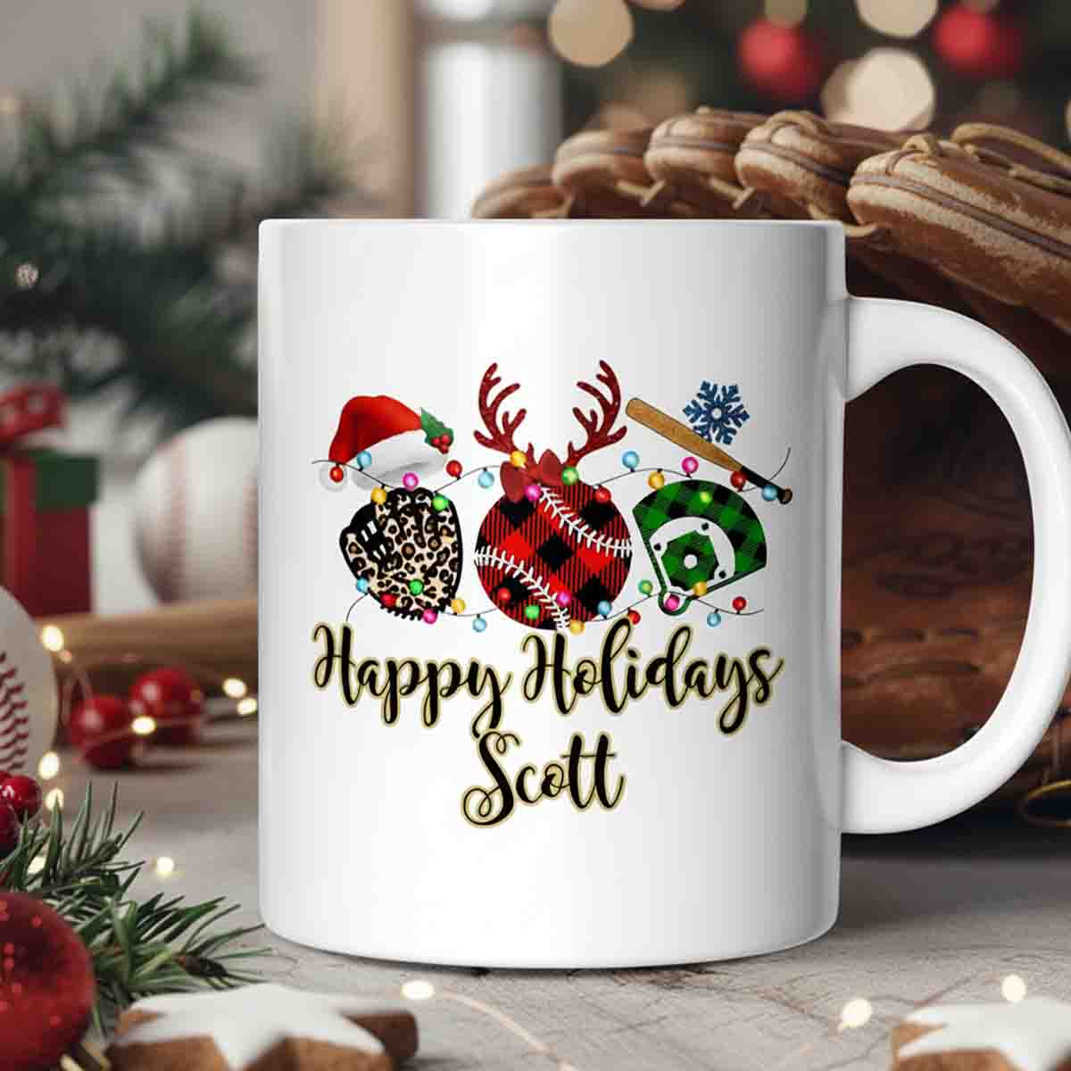 Personalized Baseball Happy Holidays Custom Name Coffee Mug - MU13 3