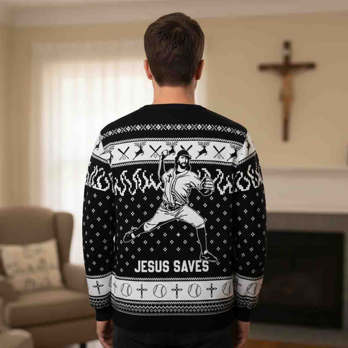 Jesus Saves Baseball Funny Sports Religious Holiday Game Day Gift Christmas Sweater - SW14 4