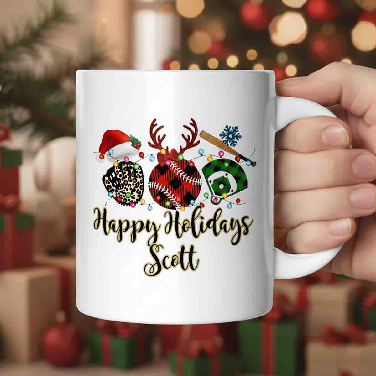 Personalized Baseball Happy Holidays Custom Name Coffee Mug - MU13