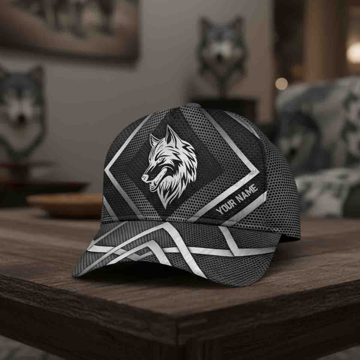 Custom Name Black Wolf Personalized Silver Geometric Modern Wild Animal Gift for Outdoor Adventure Lovers Baseball Cap - HA06