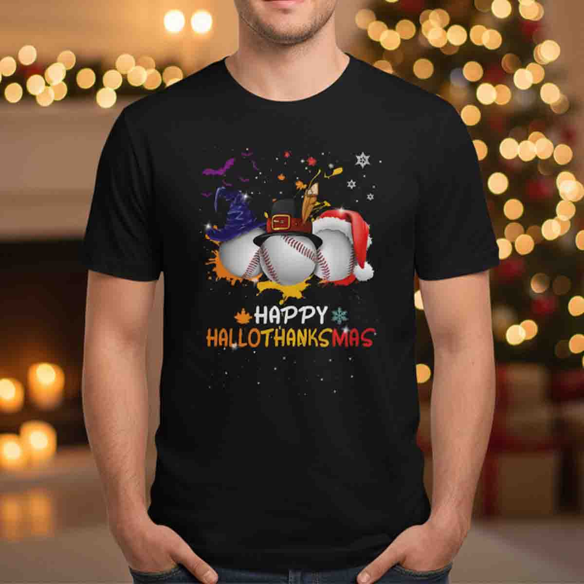 Happy Hallothanksmas Baseball Lovers Thanksgiving Christmas T-Shirt - TS21 4