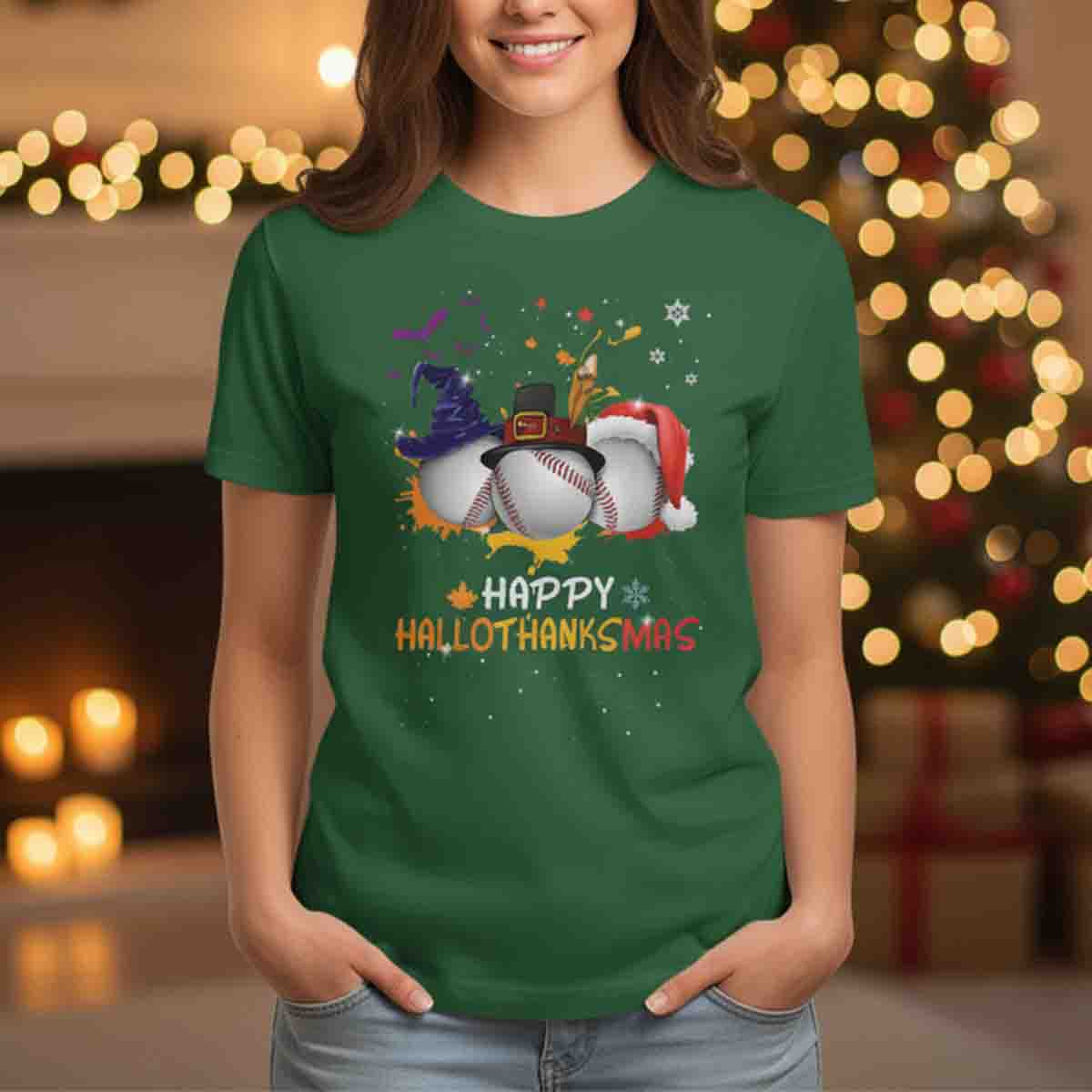 Happy Hallothanksmas Baseball Lovers Thanksgiving Christmas T-Shirt - TS21 3