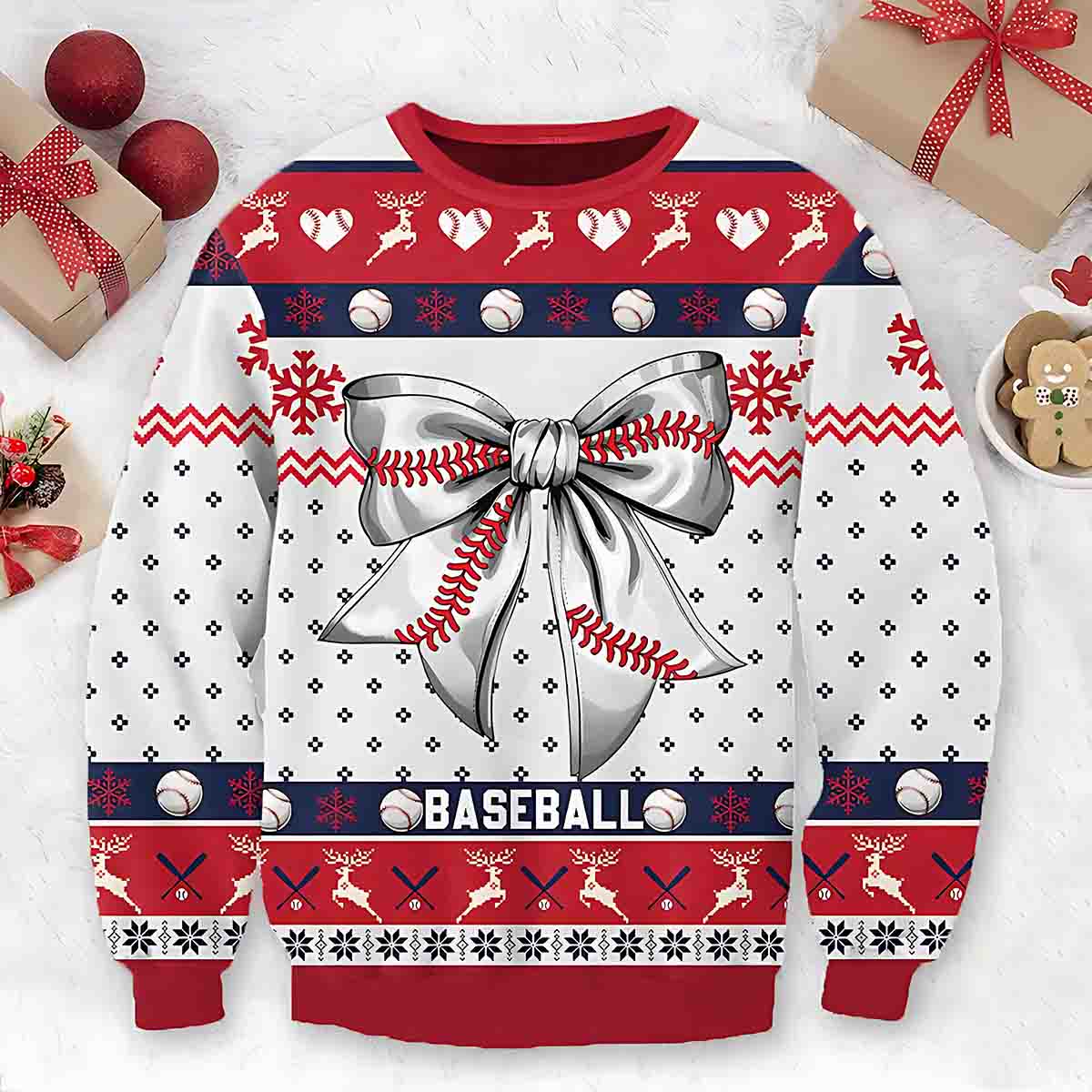 Baseball Christmas Bow Pattern Sweater - SW15