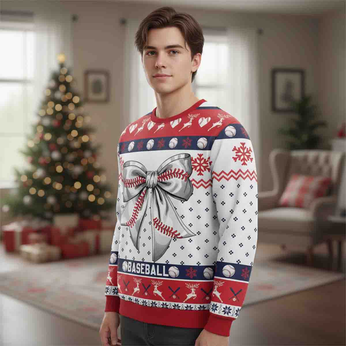 Baseball Christmas Bow Pattern Sweater - SW15 4