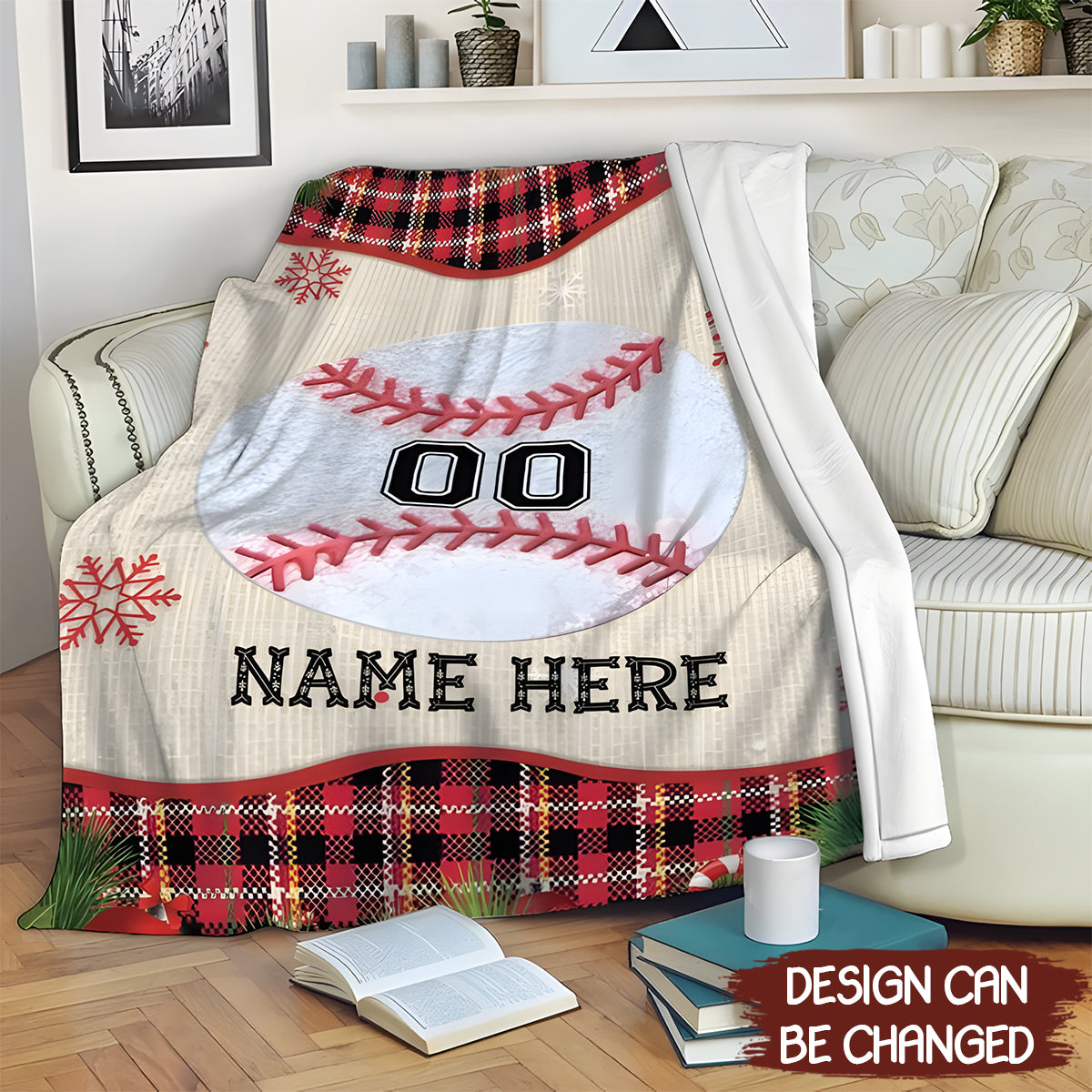 Personalized Baseball Blanket, Christmas Red Plaid Baseball Custom Name Number Soft Cozy Plush Throw Fleece Blanket - BL04