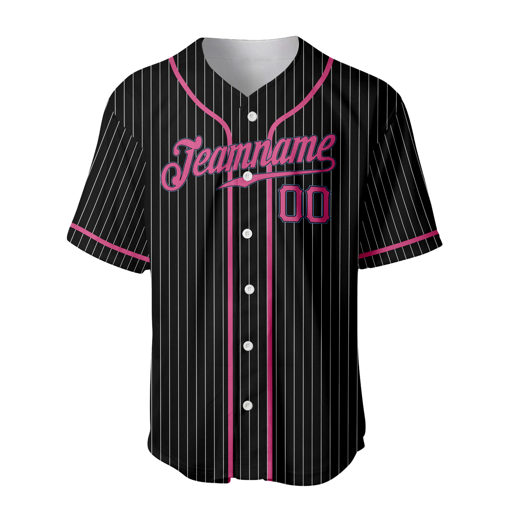 Custom Black White Pinstripe Pink-Light Blue Baseball Jersey 3