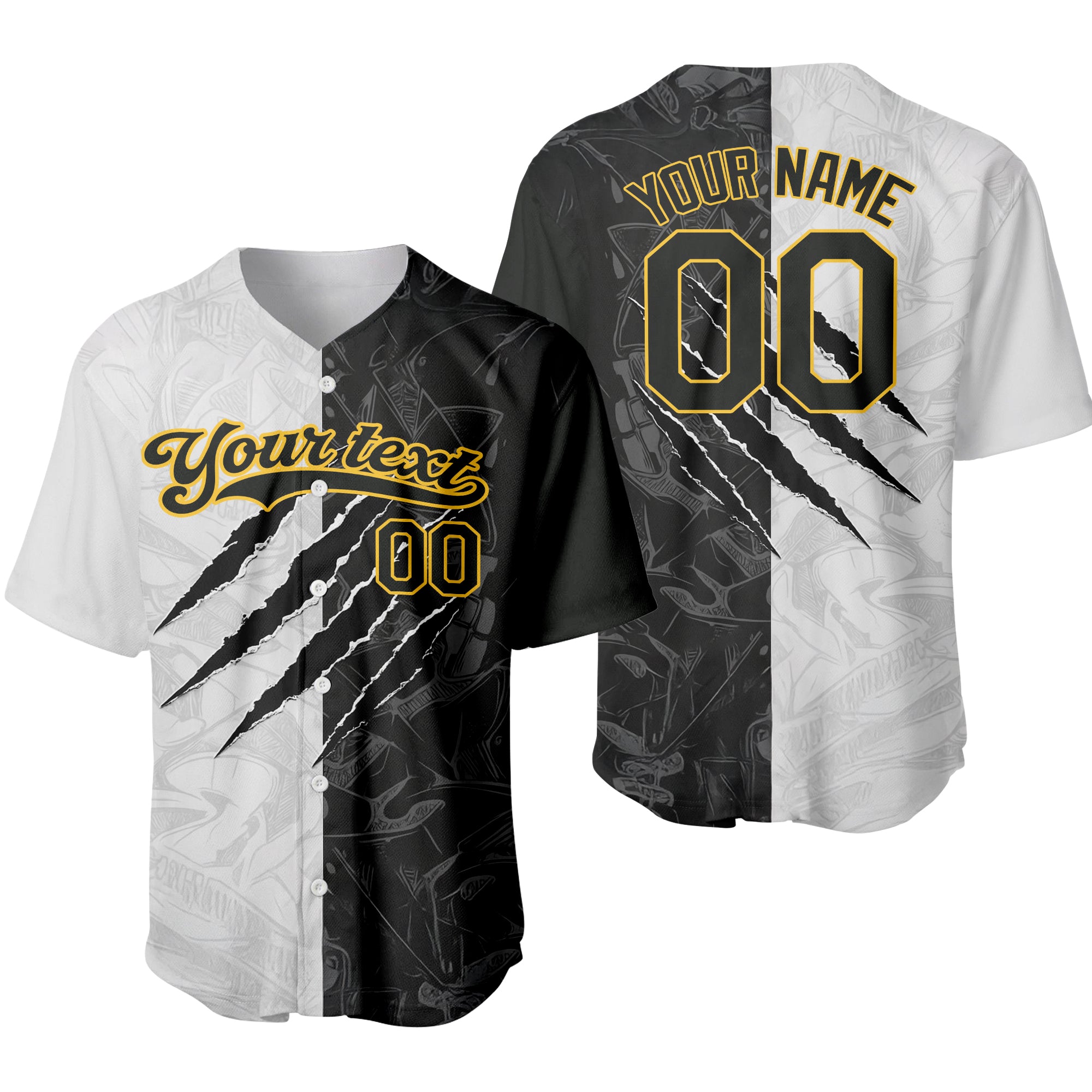 Custom Name Team Name Number Graffiti Pattern Black-Old Gold 3D Baseball Jersey