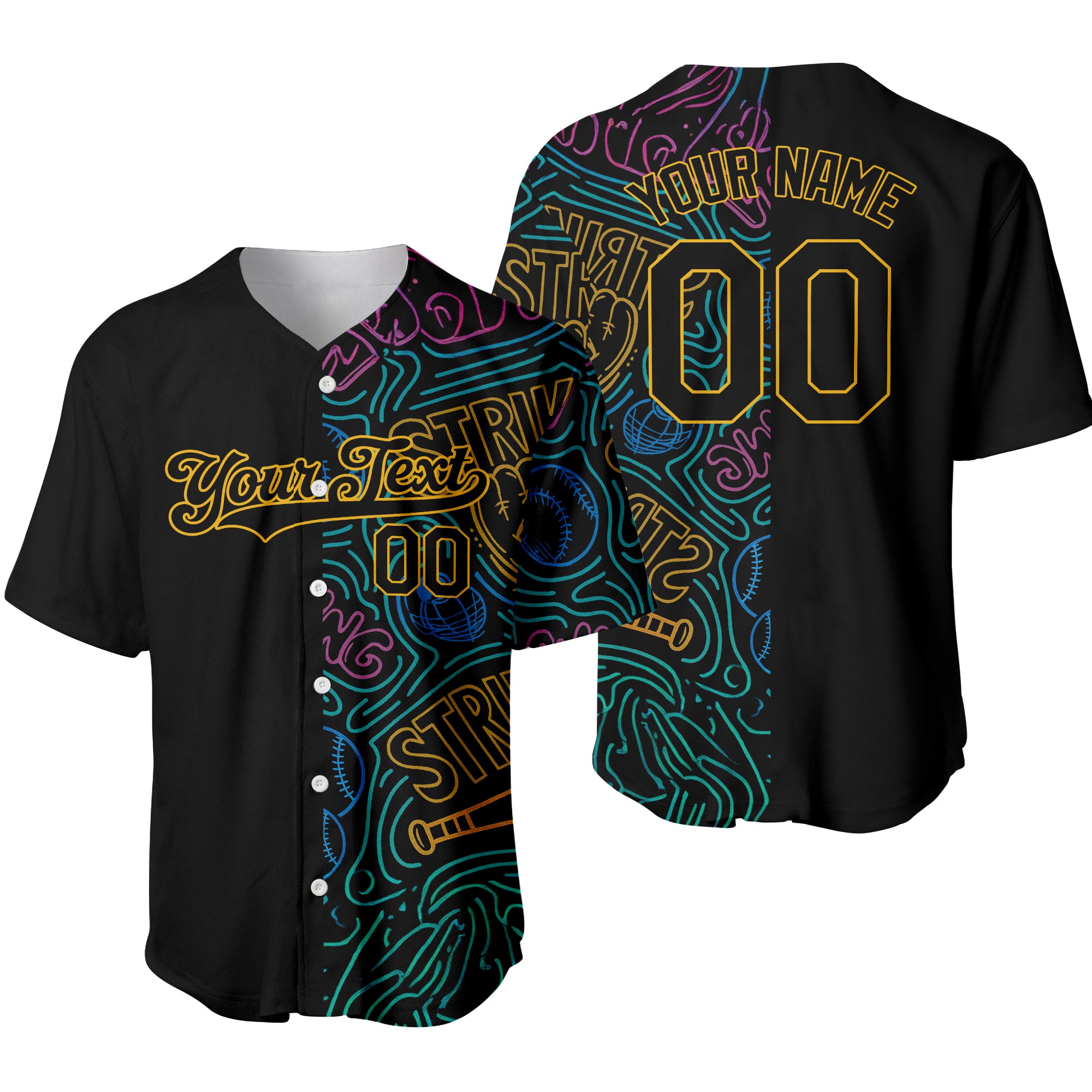 Custom Black Gold 3D Pattern Design Bowling Baseball Jersey