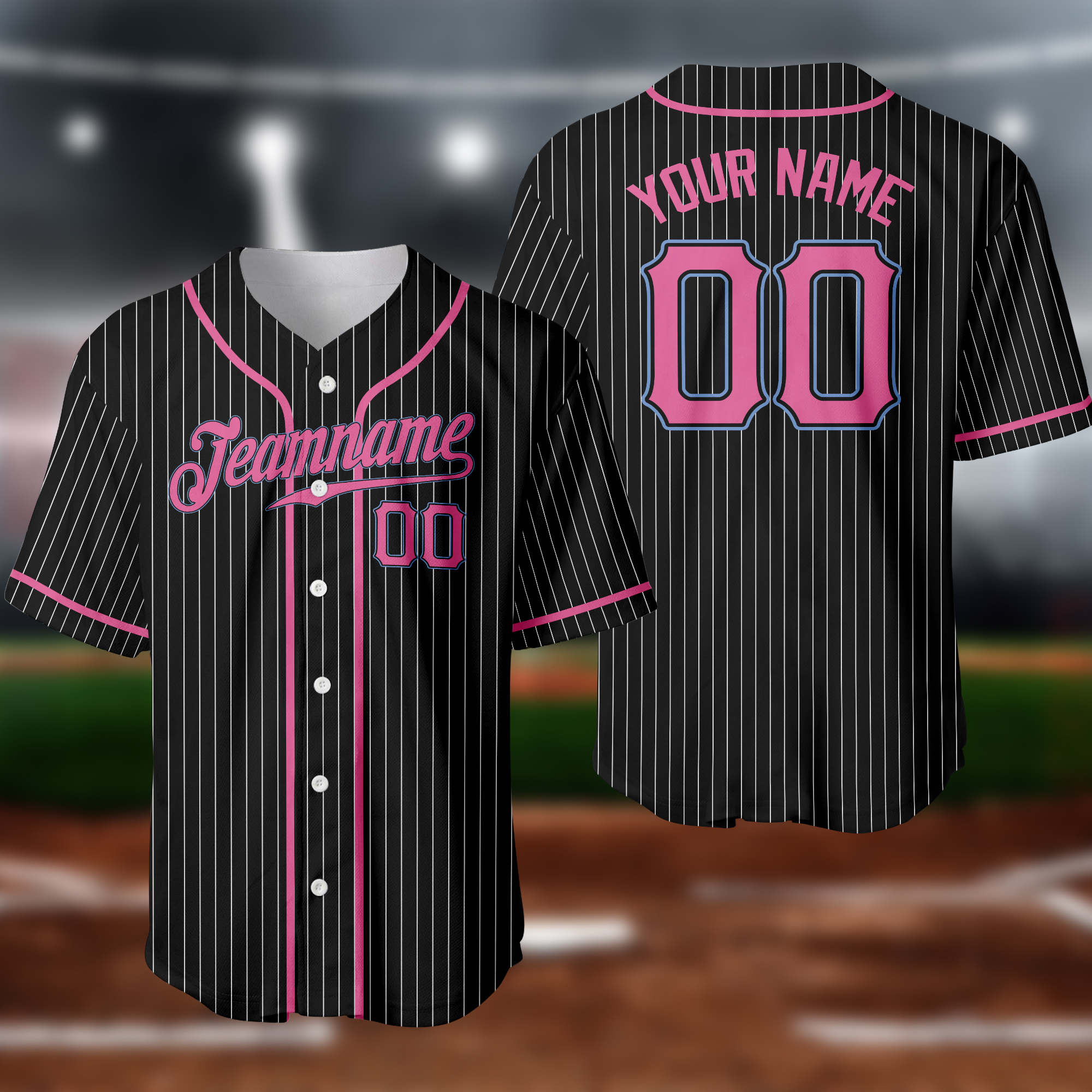 Custom Black White Pinstripe Pink-Light Blue Baseball Jersey