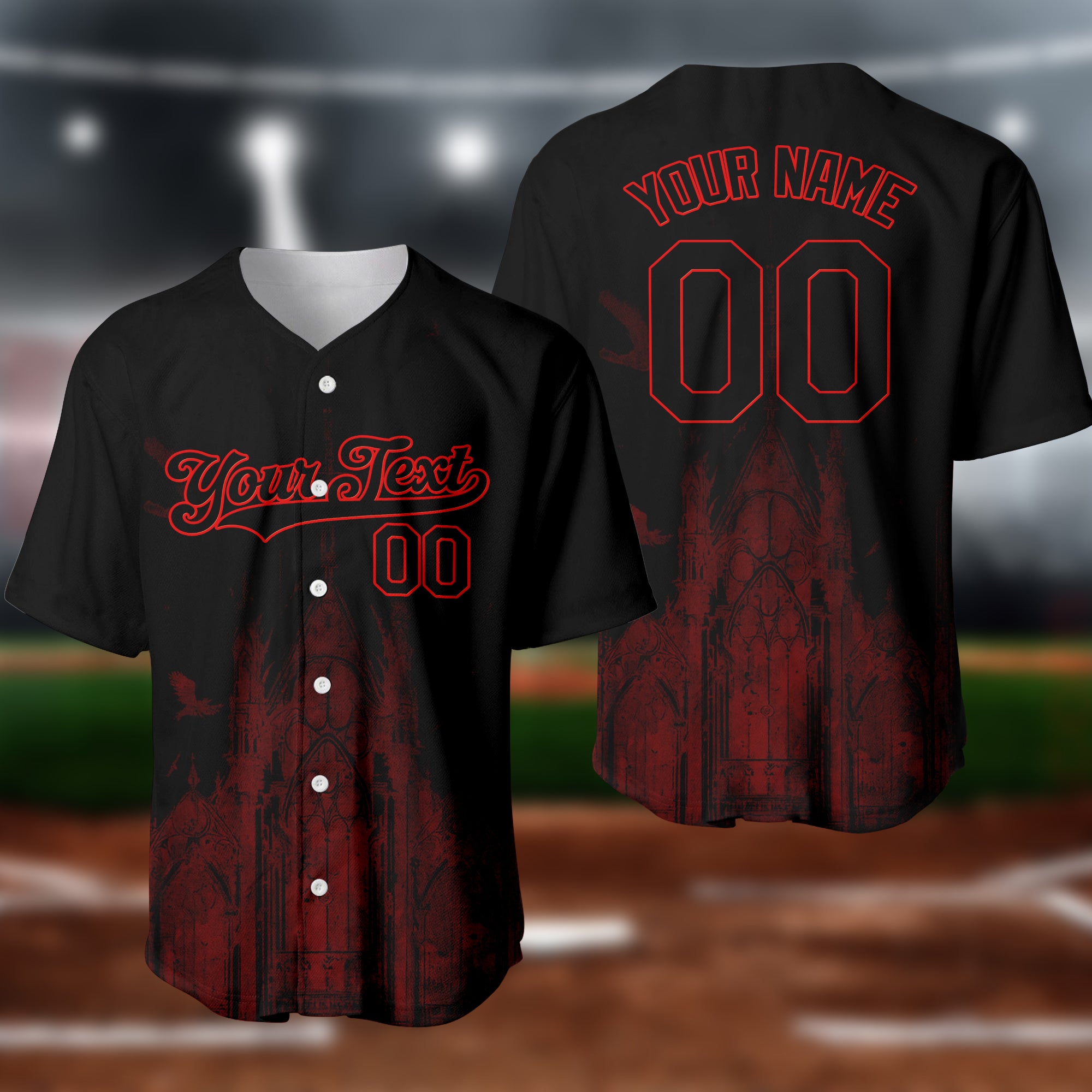 Custom Black Red 3D Palace Gothic Style Church  Baseball Jersey