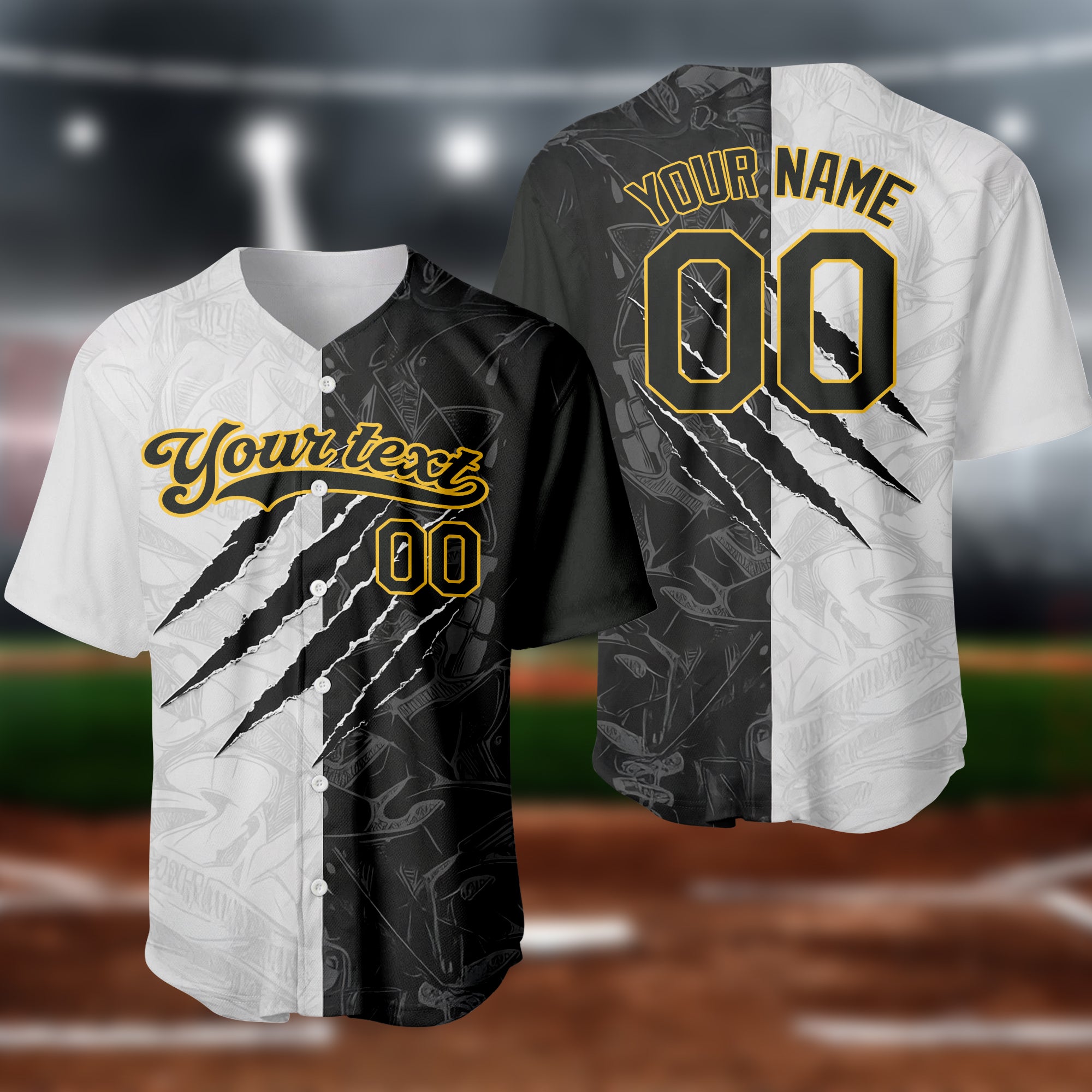 Custom Name Team Name Number Graffiti Pattern Black-Old Gold 3D Baseball Jersey 3