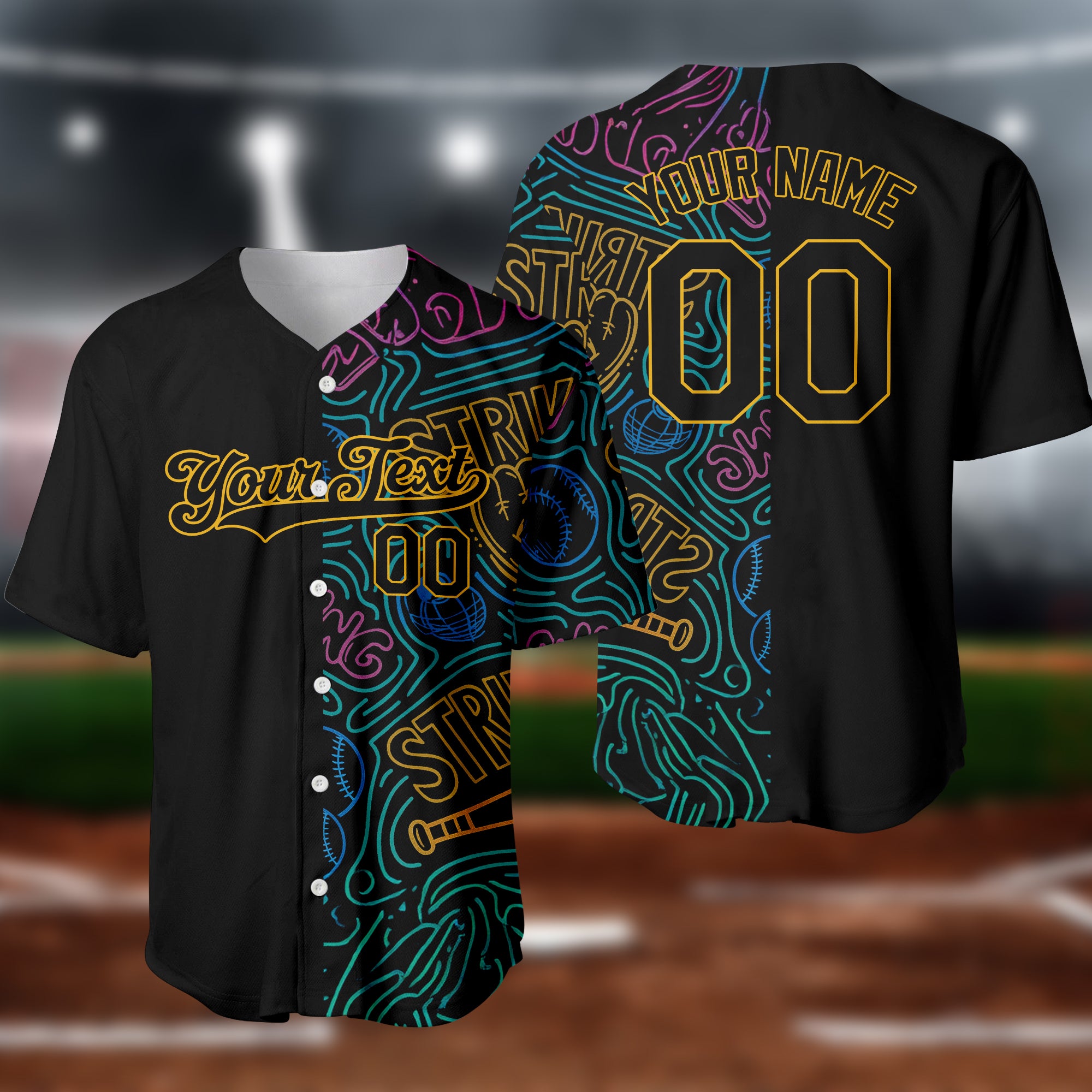 Custom Black Gold 3D Pattern Design Bowling Baseball Jersey 3