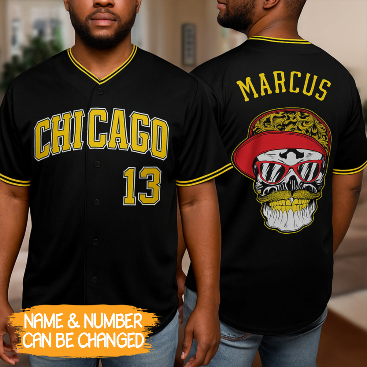 Custom Black Gold-White Skull Fashion Baseball Jersey- JS41