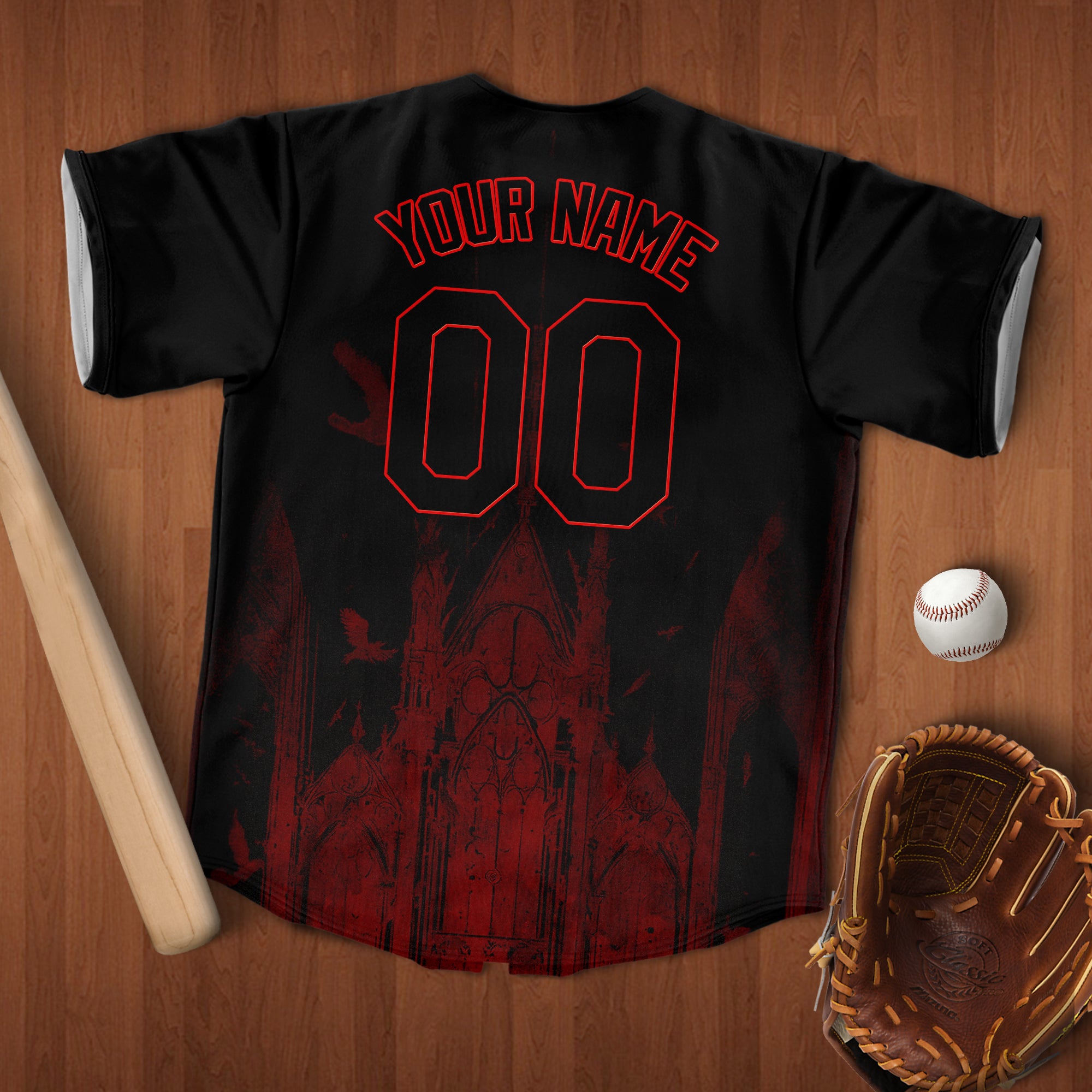 Custom Black Red 3D Palace Gothic Style Church  Baseball Jersey 6