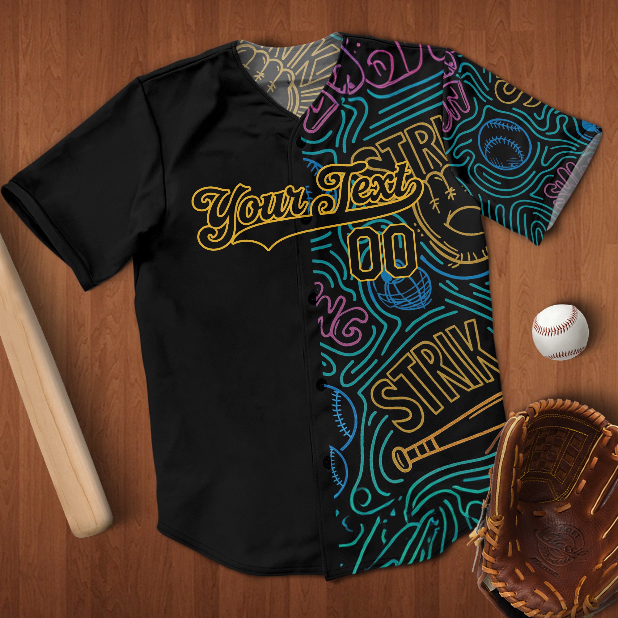 Custom Black Gold 3D Pattern Design Bowling Baseball Jersey 5