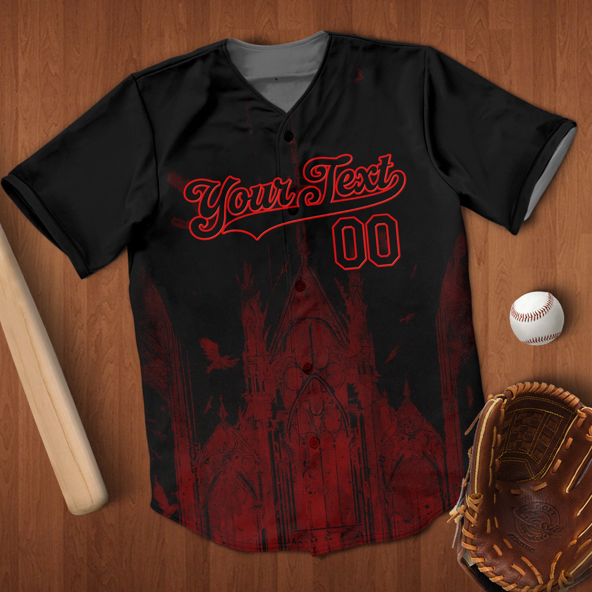 Custom Black Red 3D Palace Gothic Style Church  Baseball Jersey 4