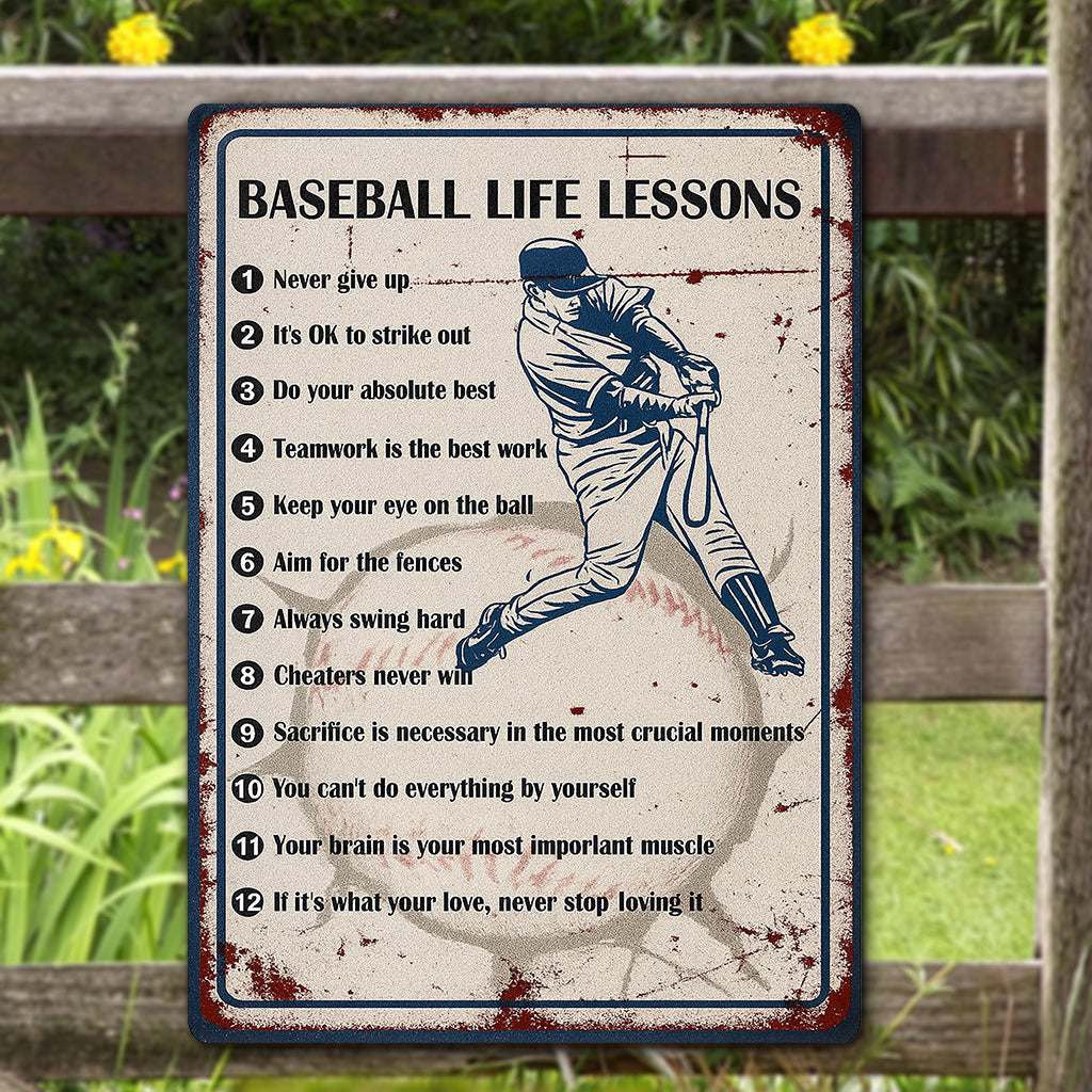 Baseball Life Lessons Never Give Up Wall Art Decor for Boys Room, Senior Night Gifts, Baseball Metal Sign