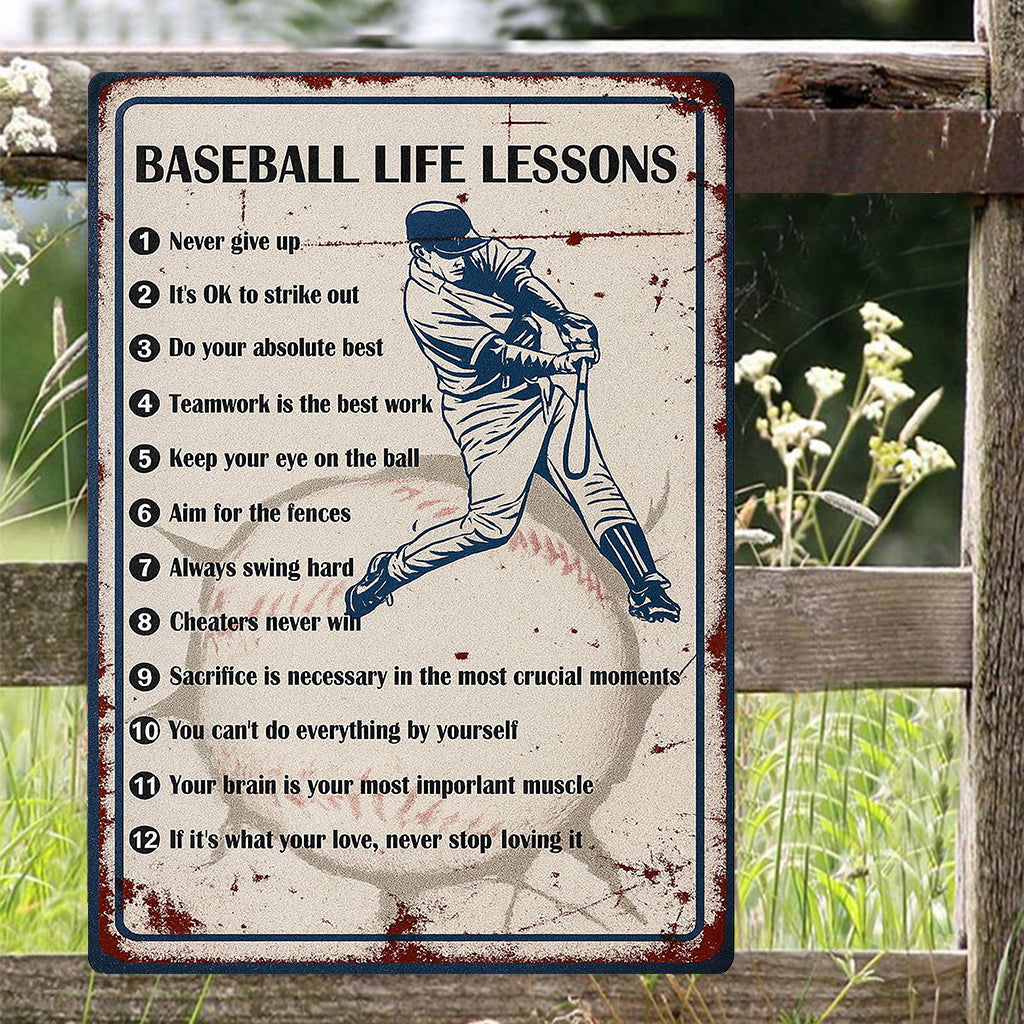 Baseball Life Lessons Never Give Up Wall Art Decor for Boys Room, Senior Night Gifts, Baseball Metal Sign 4