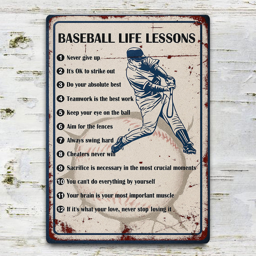 Baseball Life Lessons Never Give Up Wall Art Decor for Boys Room, Senior Night Gifts, Baseball Metal Sign 5