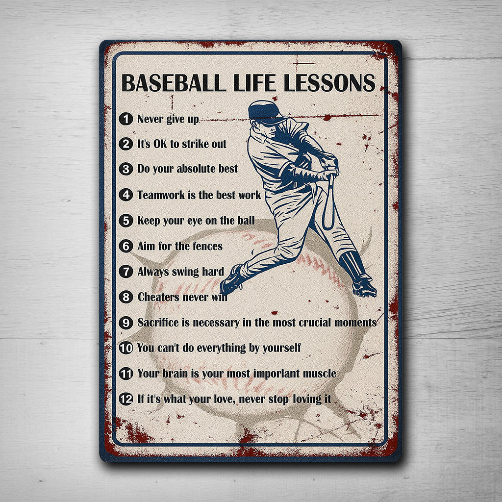 Baseball Life Lessons Never Give Up Wall Art Decor for Boys Room, Senior Night Gifts, Baseball Metal Sign 7